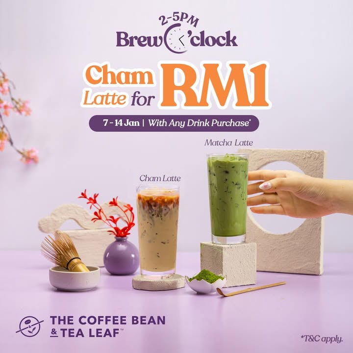Coffee Bean & Tea Leaf Brew O’Clock! Enjoy a Cham Latte for RM1 with Any Handcrafted Drink!
