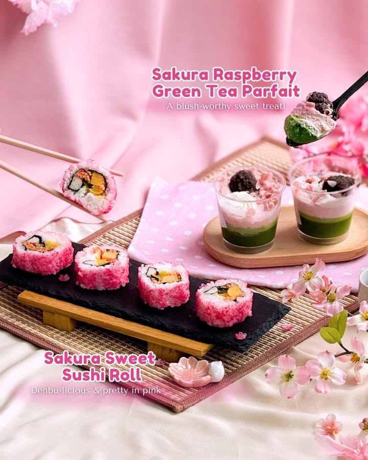 Indulge in Sakura Delights: Sweet Sushi Rolls and Raspberry Green Tea Parfait at FamilyMart