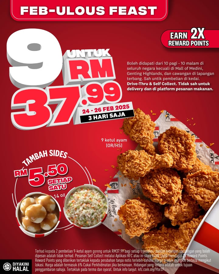 Get 9 Fried Chicken for Just RM37.99 at KFC This February 2025!