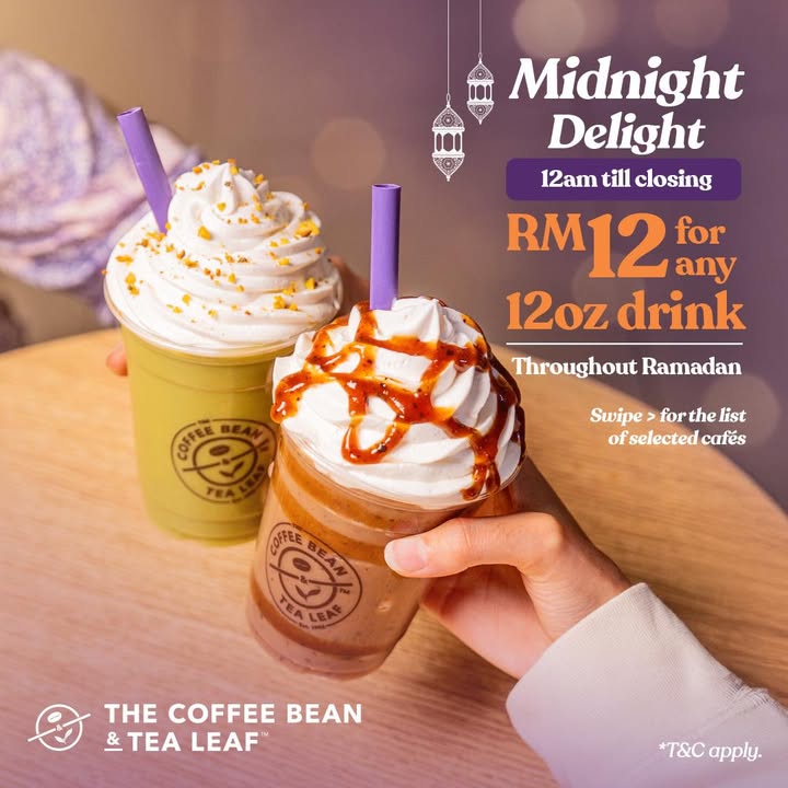 Coffee Bean & Tea Leaf Midnight Delight: Enjoy Handcrafted 12oz Drinks for RM12 After Midnight!